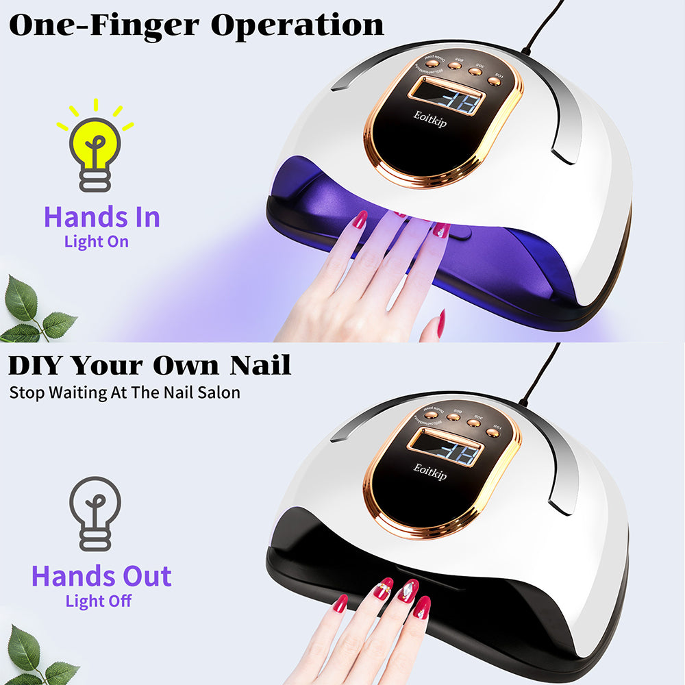 Eoitkip UV Light for Nails, 168W UV Light for Gel Nails/Acrylic, UV LED Nail Lamp with 4 Timer Modes - Automatic Sensor -LCD Screen - 2 UV Gloves UPF50+, Gel Nail Light for Salon Quality at Home