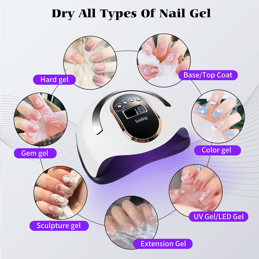 Eoitkip UV Light for Nails, 168W UV Light for Gel Nails/Acrylic, UV LED Nail Lamp with 4 Timer Modes - Automatic Sensor -LCD Screen - 2 UV Gloves UPF50+, Gel Nail Light for Salon Quality at Home