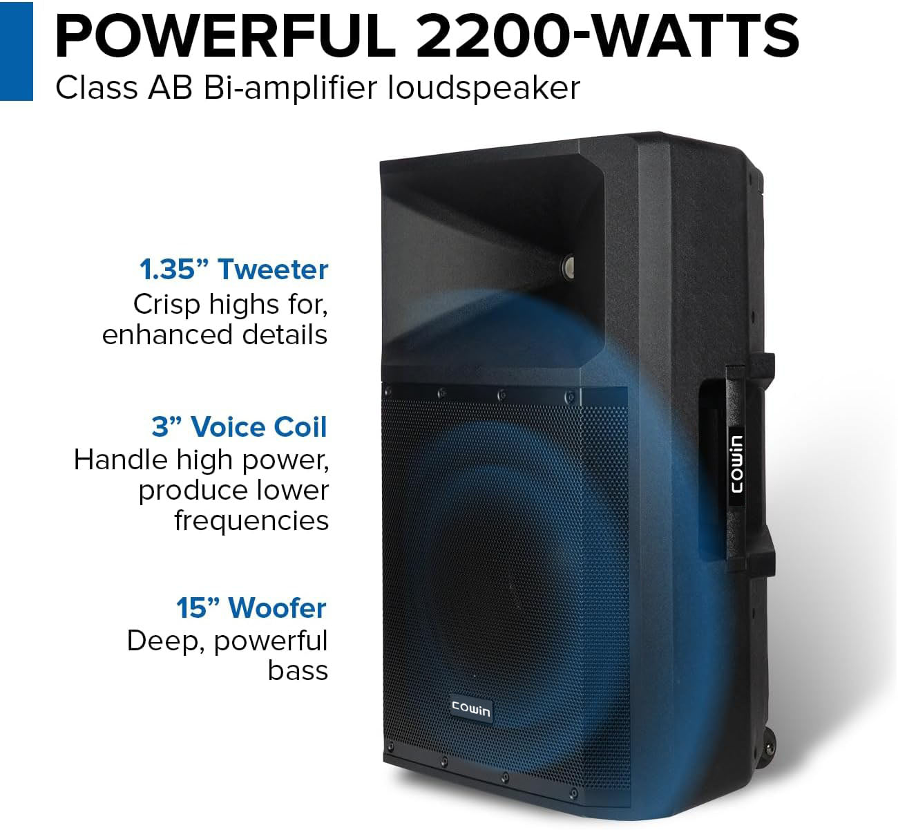 COWIN GSP-2200 Pro Audio Indoor Outdoor Ultra Powerful DJ Bluetooth 2200W Watts Peak, 15" Inch Woofer, Rollable Trolley PA Speaker with Built in Media Player Mixer FM Radio Tuner, USB, SD Card