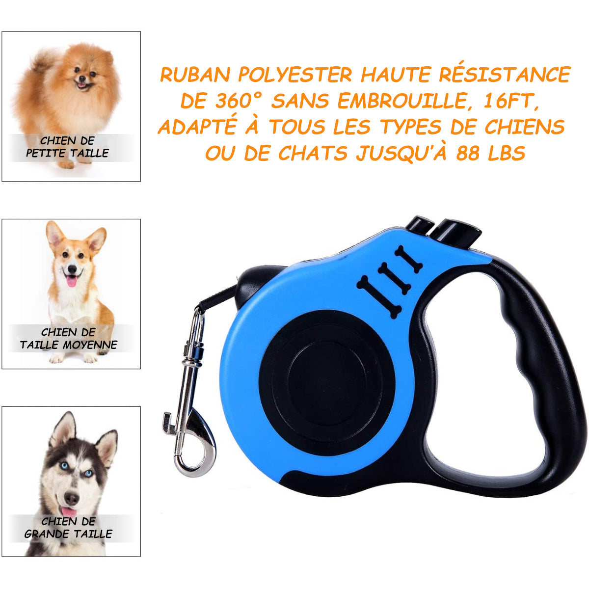 MEIDONG Laisse rétractable pour chien Moyen et grand chien - Poignée antidérapante avec frein - Bleu - 5 m