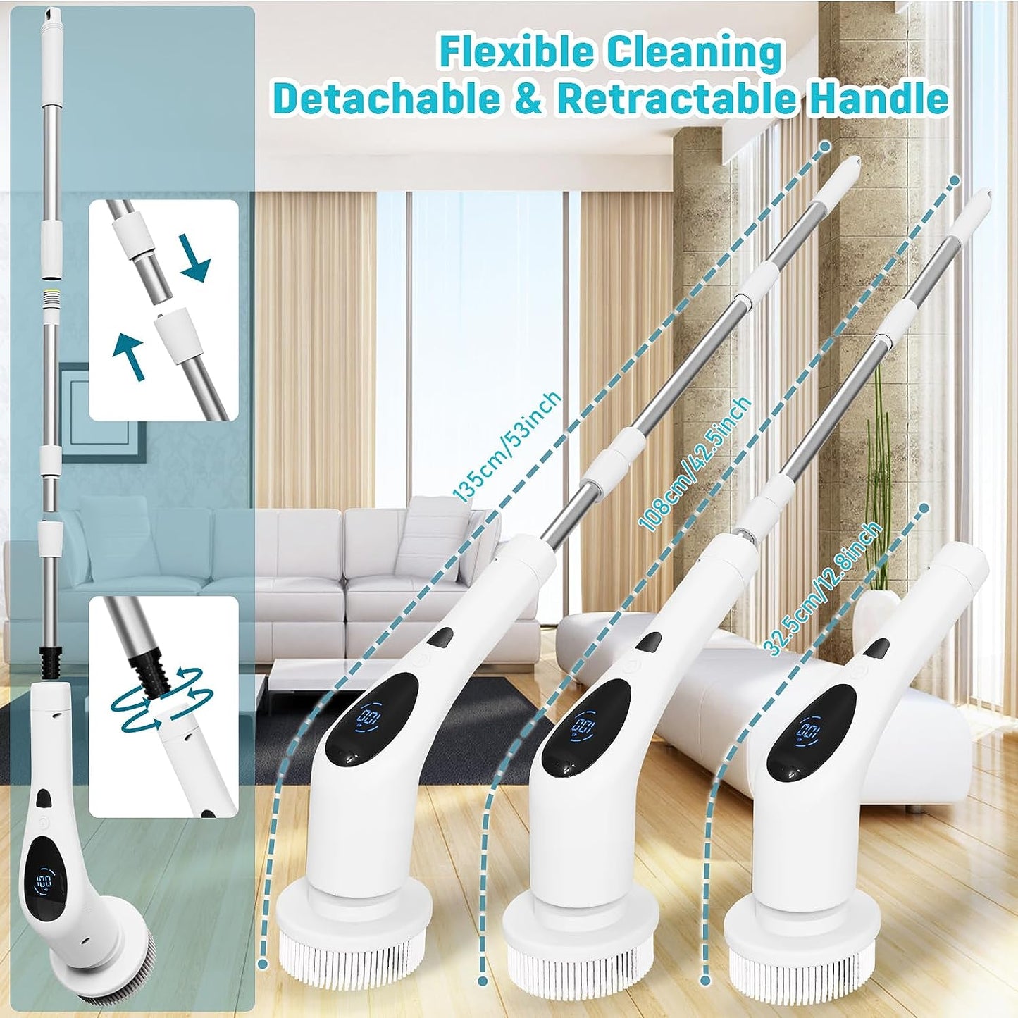 SWTROOM Electric Spin Scrubber, Digital Electric Scrubber with Voice Broadcasting Function and 9 Interchangeable Heads 3 Adjustable Speeds Bathroom Scrubber Electric for Kitchen Bathroom Tile Floor Windows