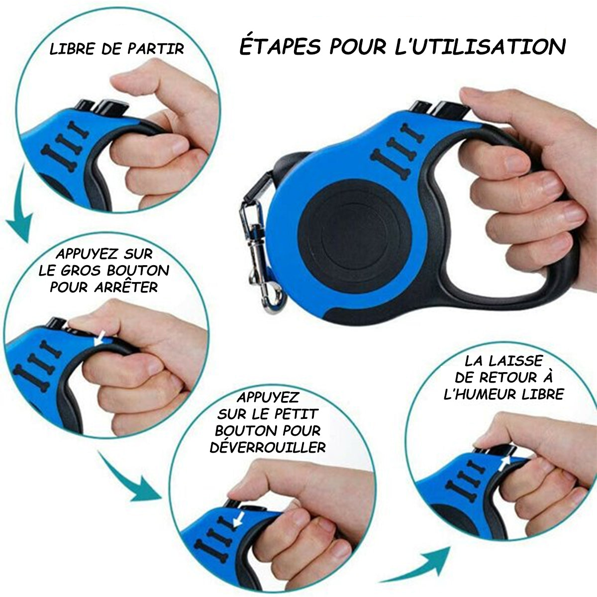 MEIDONG Laisse rétractable pour chien Moyen et grand chien - Poignée antidérapante avec frein - Bleu - 5 m