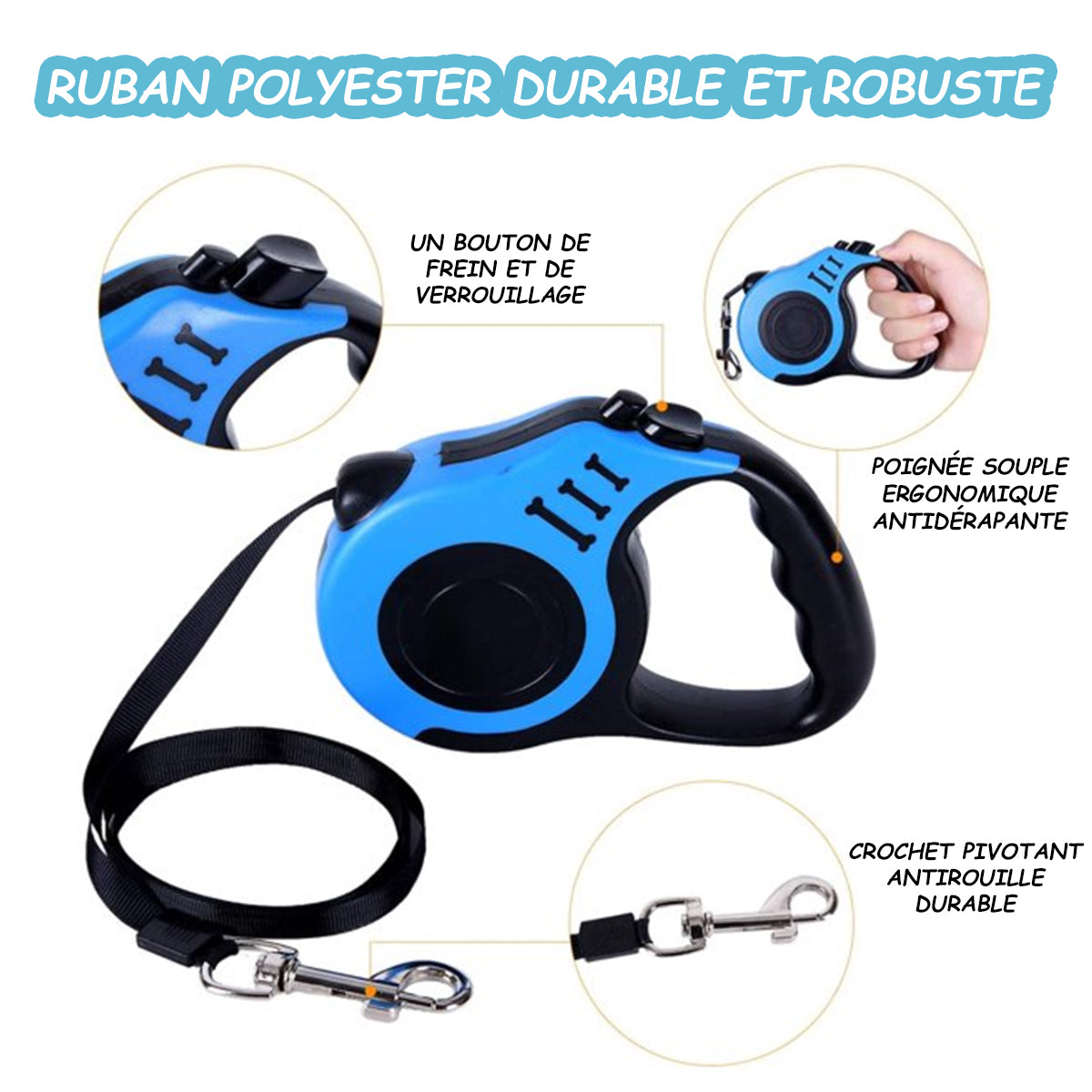MEIDONG Laisse rétractable pour chien Moyen et grand chien - Poignée antidérapante avec frein - Bleu - 5 m