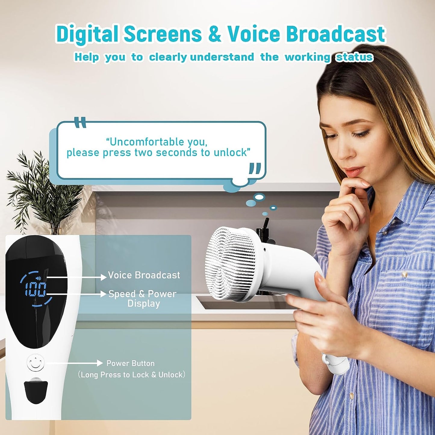 SWTROOM Electric Spin Scrubber, Digital Electric Scrubber with Voice Broadcasting Function and 9 Interchangeable Heads 3 Adjustable Speeds Bathroom Scrubber Electric for Kitchen Bathroom Tile Floor Windows