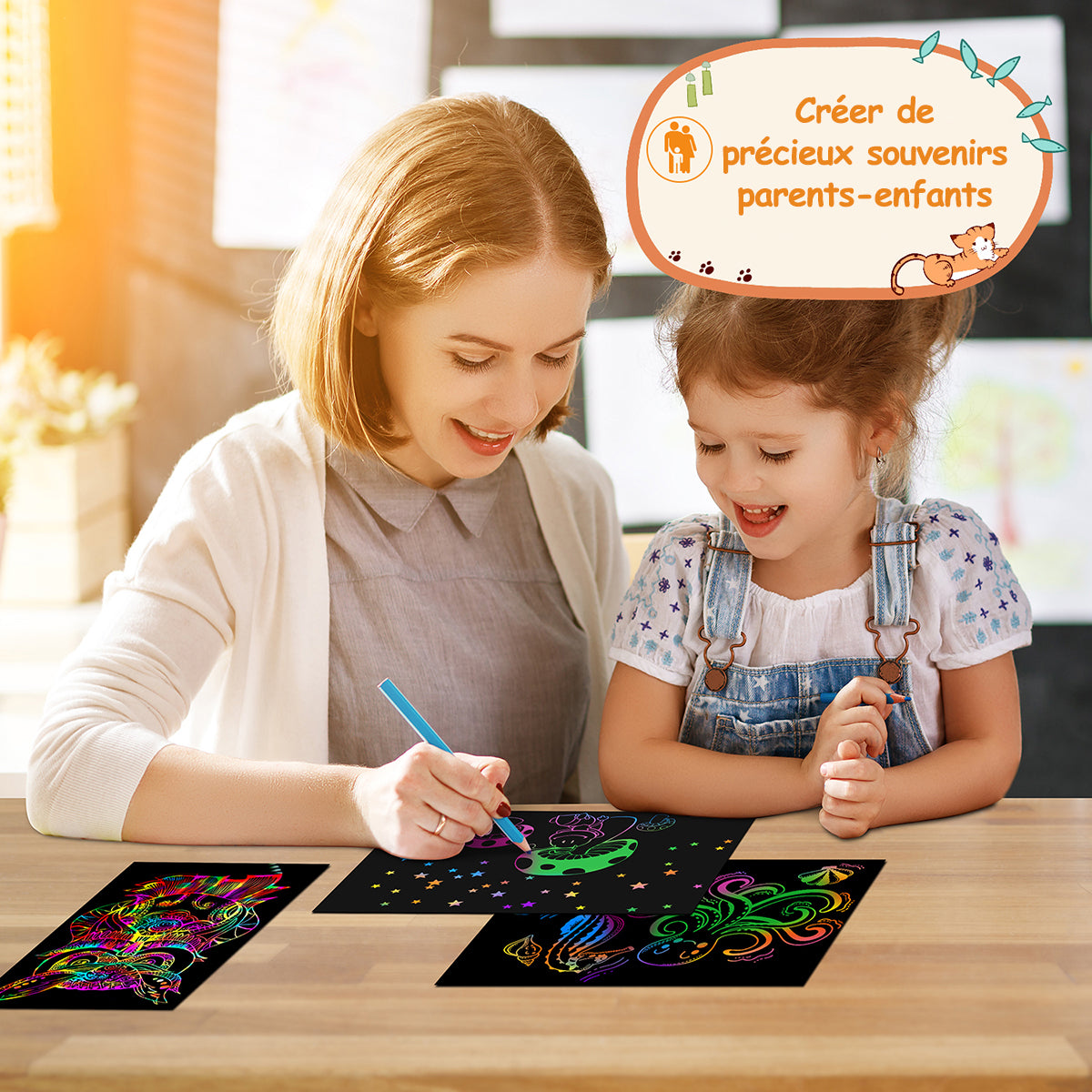 MEIDONG Enfants scratch art paper set, 107pcs rainbow magic scratch paper art craft, jeu de déclencheur d’imagination drôle