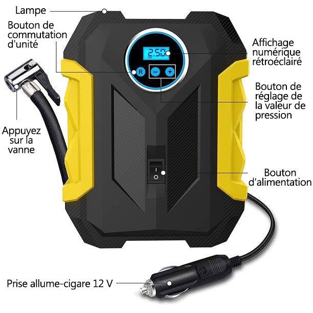 Compresseur d'air portable 12v Pompe à air CC, manomètre numérique, pompe de pneus de voiture de 150 psi avec lumière LED d'urgence