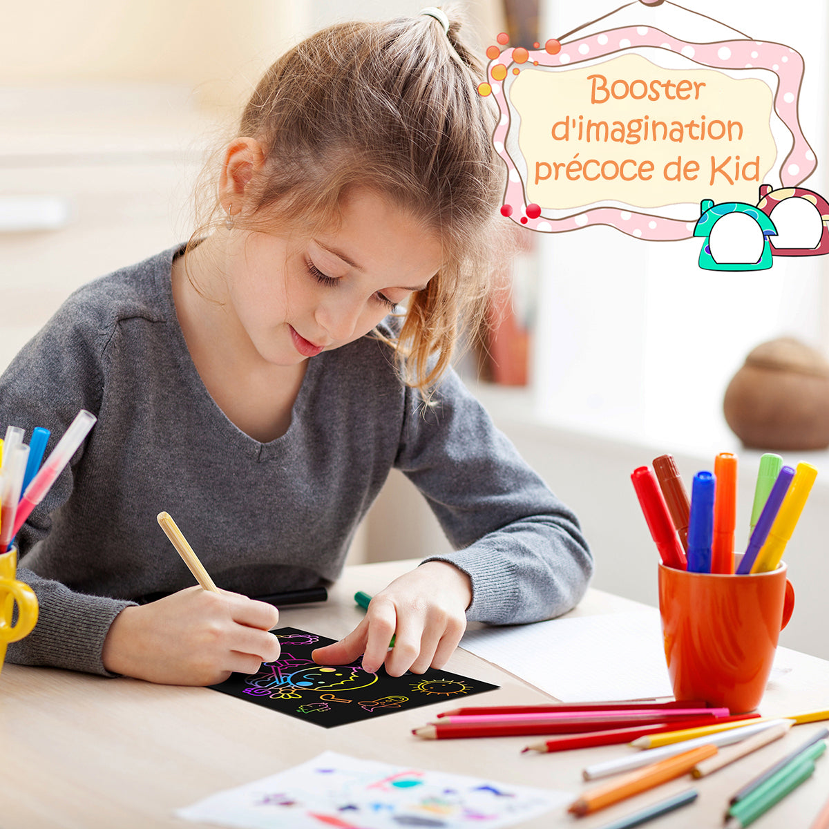 MEIDONG Enfants scratch art paper set, 107pcs rainbow magic scratch paper art craft, jeu de déclencheur d’imagination drôle