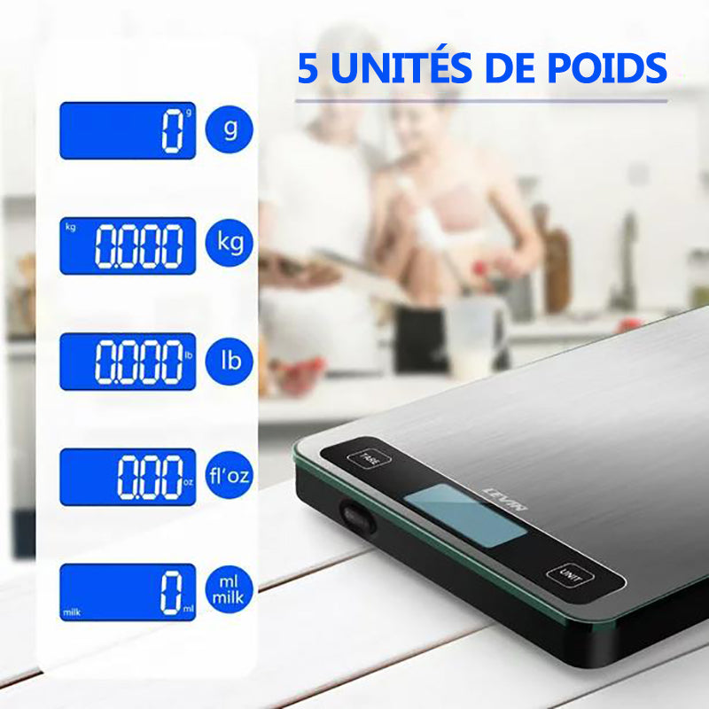 MEIDONG Balance alimentaire 15 KG / 33 LB, 5 unités avec affichage LCD pour la cuisson/cuisson, acier inoxydable et verre trempé