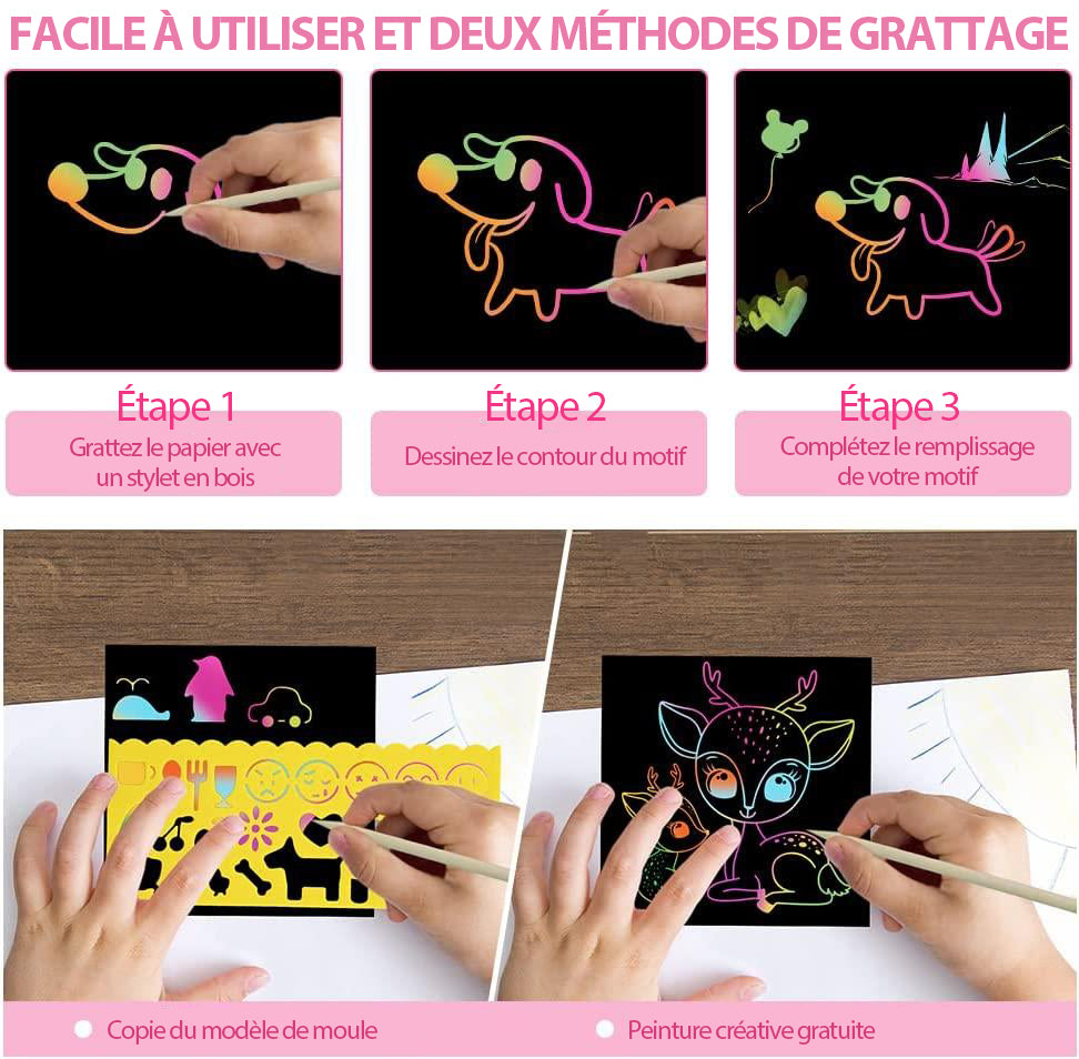 MEIDONG Enfants scratch art paper set, 107pcs rainbow magic scratch paper art craft, jeu de déclencheur d’imagination drôle