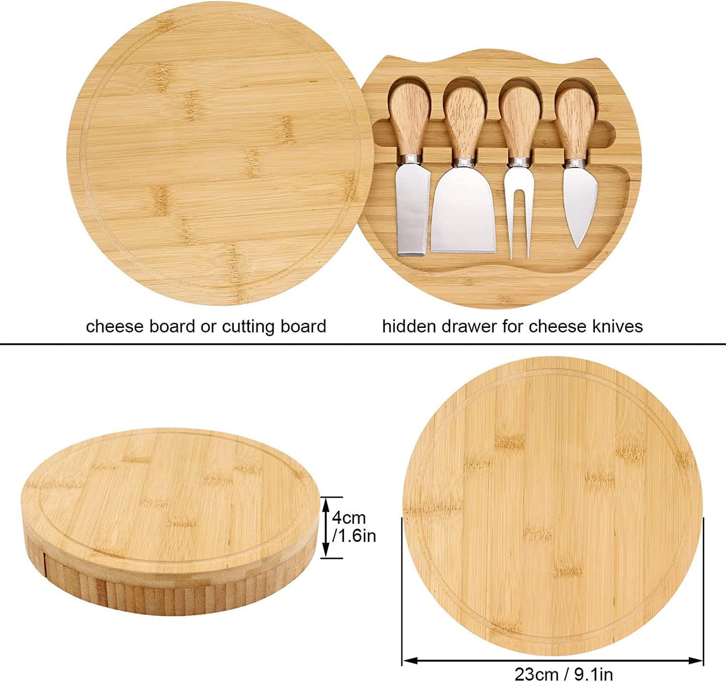 MEIDONG Plateau à fromage avec rangement de vaisselle rotative - 4 couteaux à fromage - idéal pour pendaillerie, pique-nique, fête