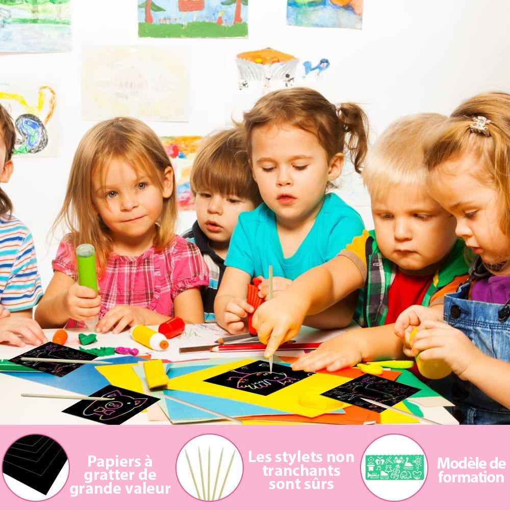 MEIDONG Enfants scratch art paper set, 107pcs rainbow magic scratch paper art craft, jeu de déclencheur d’imagination drôle