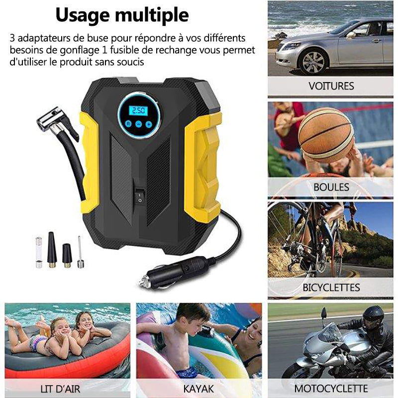 Compresseur d'air portable 12v Pompe à air CC, manomètre numérique, pompe de pneus de voiture de 150 psi avec lumière LED d'urgence