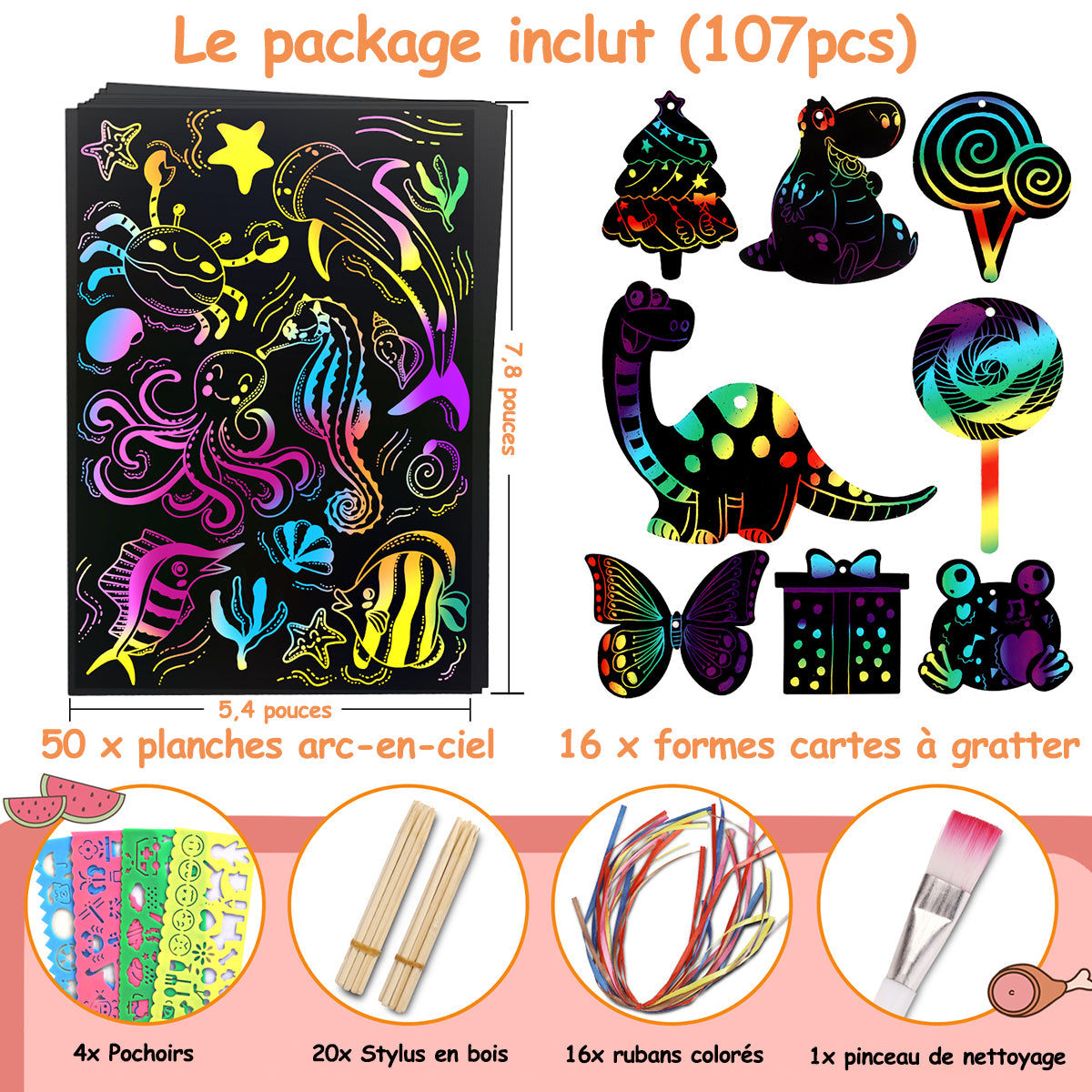 MEIDONG Enfants scratch art paper set, 107pcs rainbow magic scratch paper art craft, jeu de déclencheur d’imagination drôle