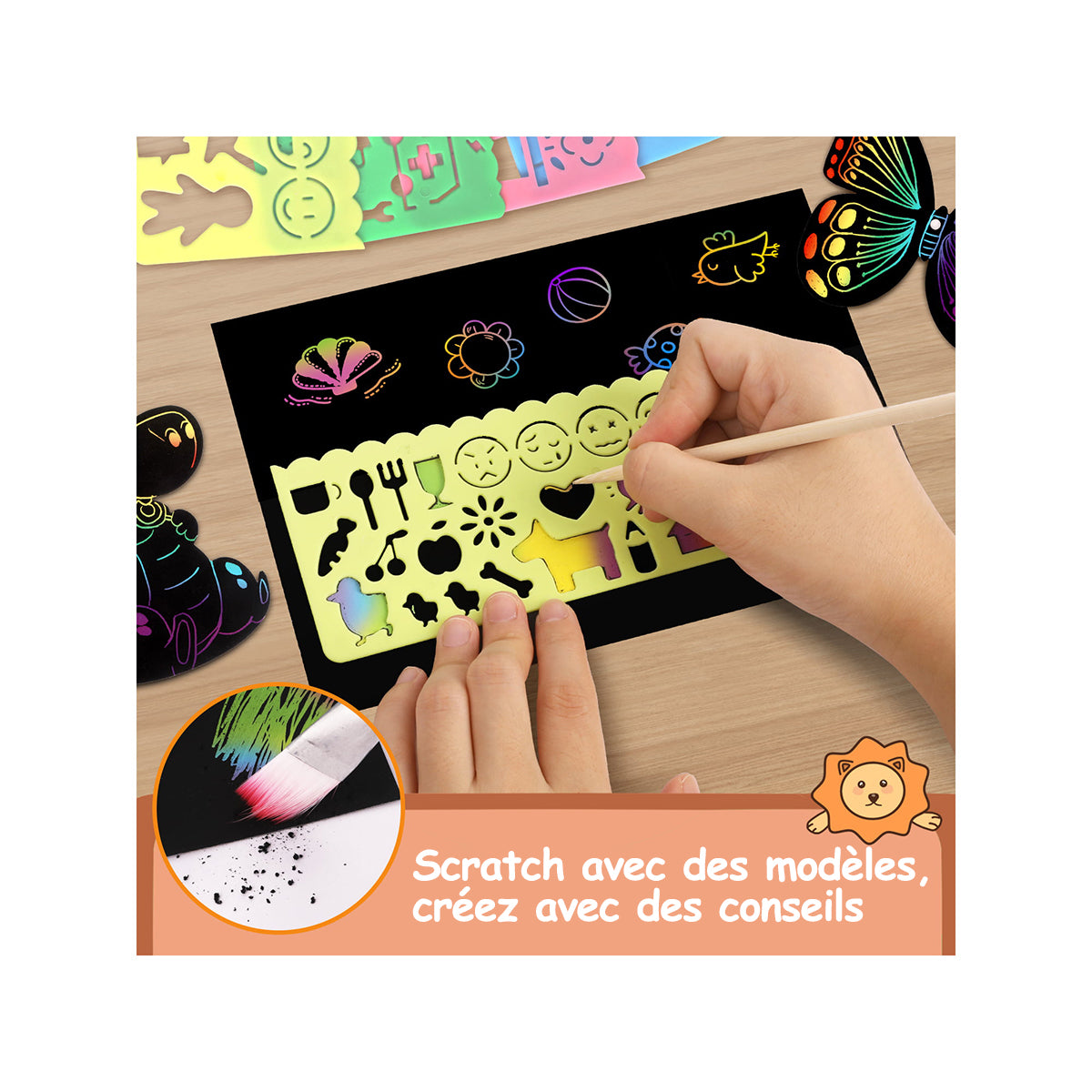 MEIDONG Enfants scratch art paper set, 107pcs rainbow magic scratch paper art craft, jeu de déclencheur d’imagination drôle