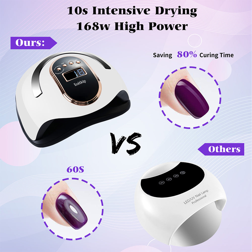 Eoitkip UV Light for Nails, 168W UV Light for Gel Nails/Acrylic, UV LED Nail Lamp with 4 Timer Modes - Automatic Sensor -LCD Screen - 2 UV Gloves UPF50+, Gel Nail Light for Salon Quality at Home