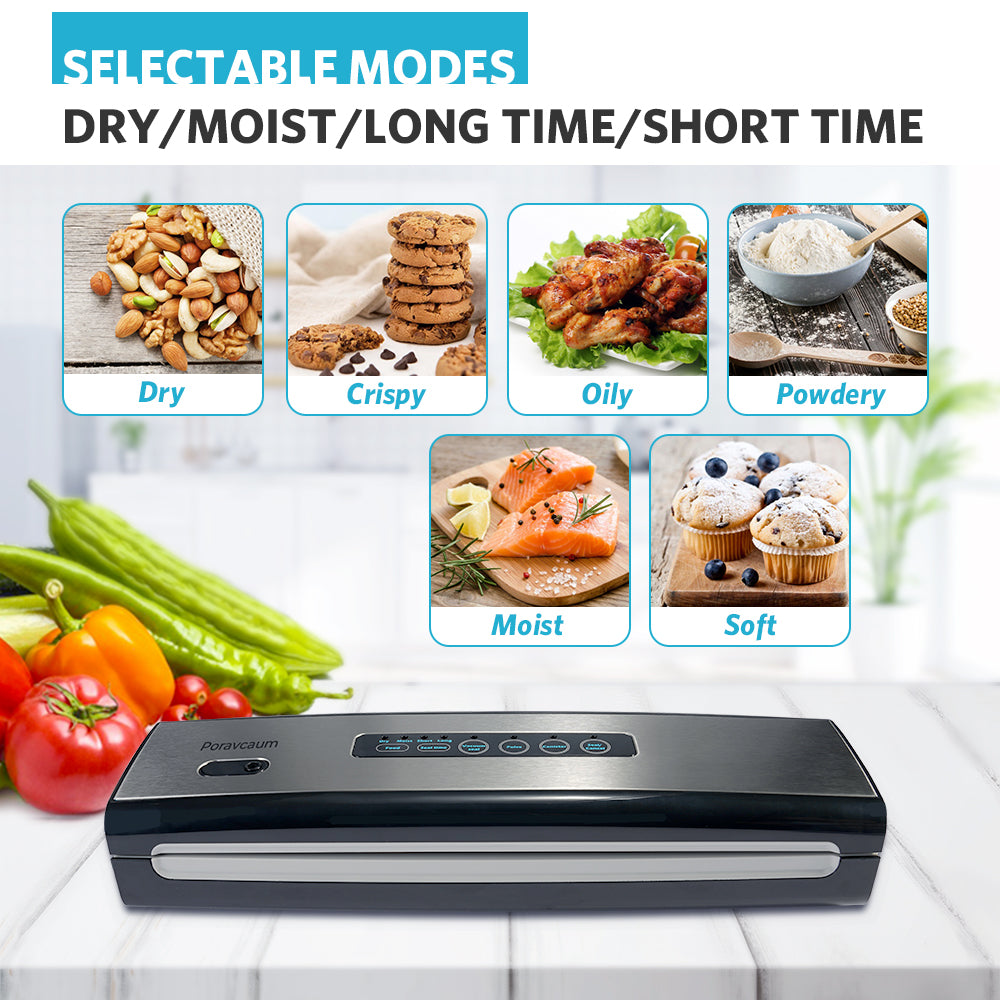 Poravcaum Vacuum Sealer Machine,Machine Built in Air Sealing System w/Starter Kit, Dry & Moist Food Modes, Easy to Clean, Compact Design