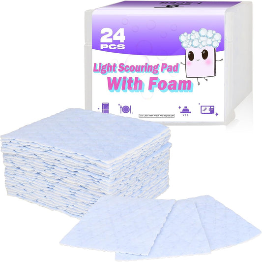 SWTROOM 24 Pack Light Scouring Pad with Foam, Triple Cleaning Scrub Pad Singles Heavy Duty Household Non-Scratch Abrasive Hand Pad Multi Surface Magic Sponge Eraser Sheets for Home Surfaces Indoor Cleaning