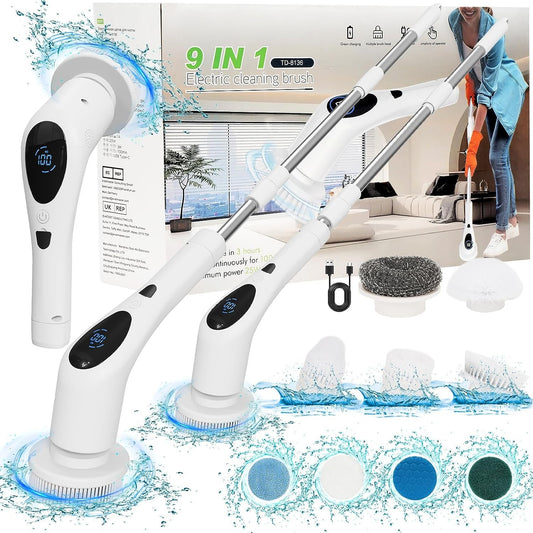 SWTROOM Electric Spin Scrubber, Digital Electric Scrubber with Voice Broadcasting Function and 9 Interchangeable Heads 3 Adjustable Speeds Bathroom Scrubber Electric for Kitchen Bathroom Tile Floor Windows