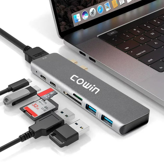 COWIN USB C Hub Multiport Adapter - 7 - in - 2 Portable USB C Adapter with 4K HDMI Output, 2 USB 3.0 Ports, SD/Micro SD Card Reader for MacBook Pro, Chromebook, XPS & More Type C Devices, Space Grey