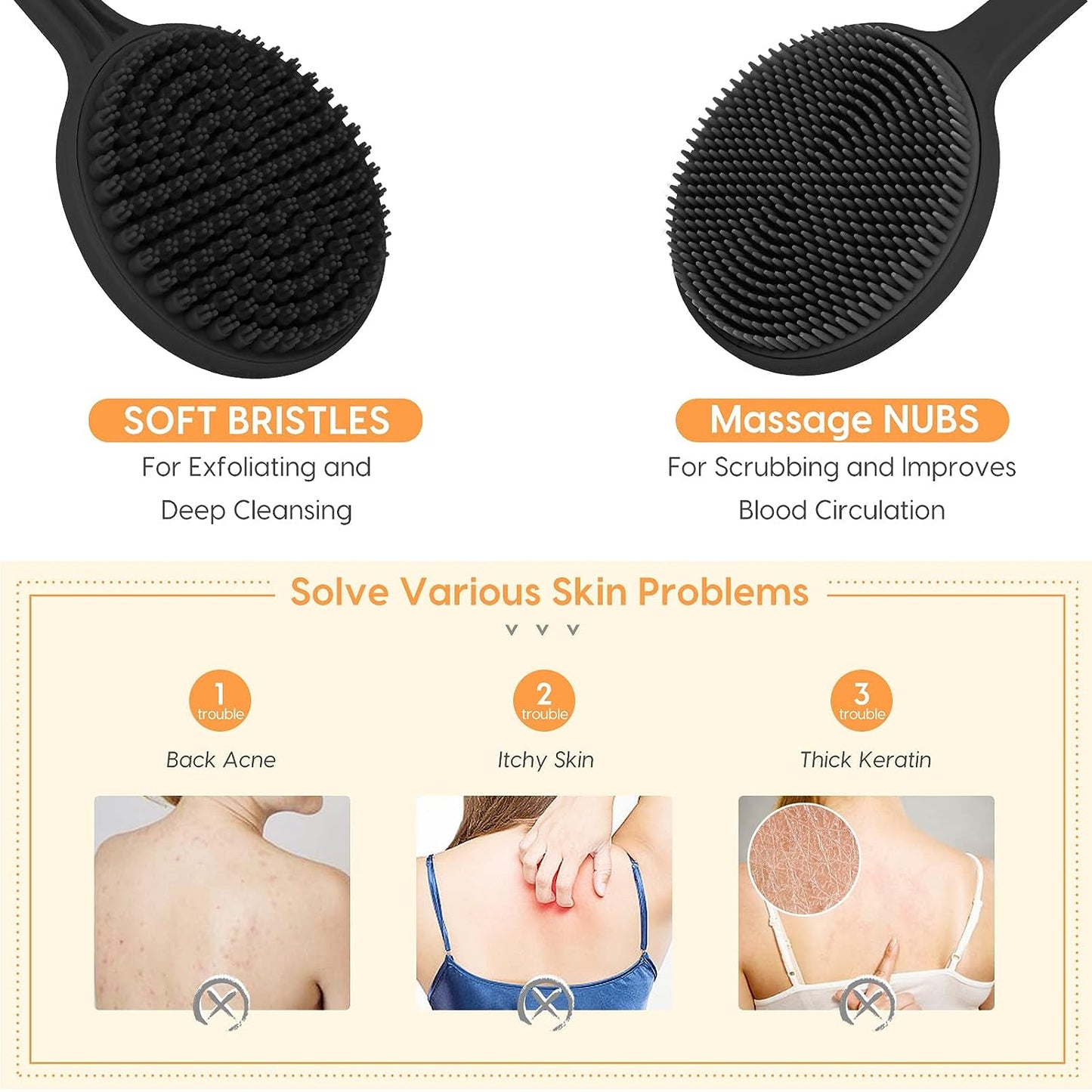 SWTROOM Silicone Back Scrubber for Shower, Bath Body Brush with Long Handle, Double Sided Shower Brush for Shower Exfoliating and Massage Can Produce Rich Foam, Long Handle for Men and Women