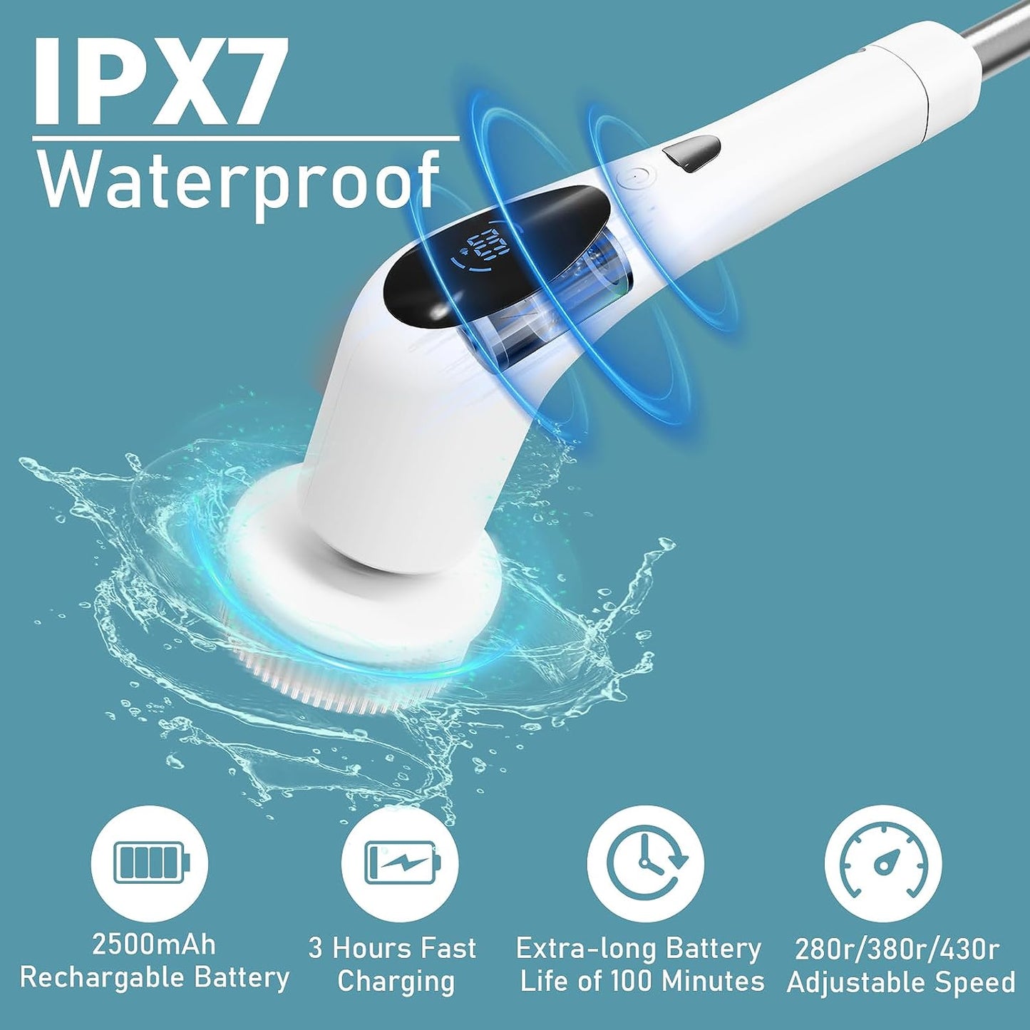 SWTROOM Electric Spin Scrubber, Digital Electric Scrubber with Voice Broadcasting Function and 9 Interchangeable Heads 3 Adjustable Speeds Bathroom Scrubber Electric for Kitchen Bathroom Tile Floor Windows
