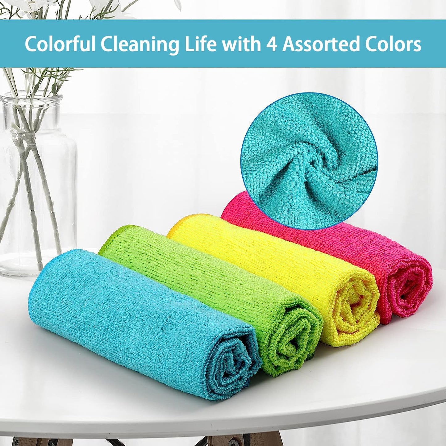 SWTROOM HOMEXCEL Microfiber Cleaning Cloth,12 Pack Cleaning Rag,Cleaning Towels with 4 Color Assorted,11.5"X11.5"(Green/Blue/Yellow/Pink)