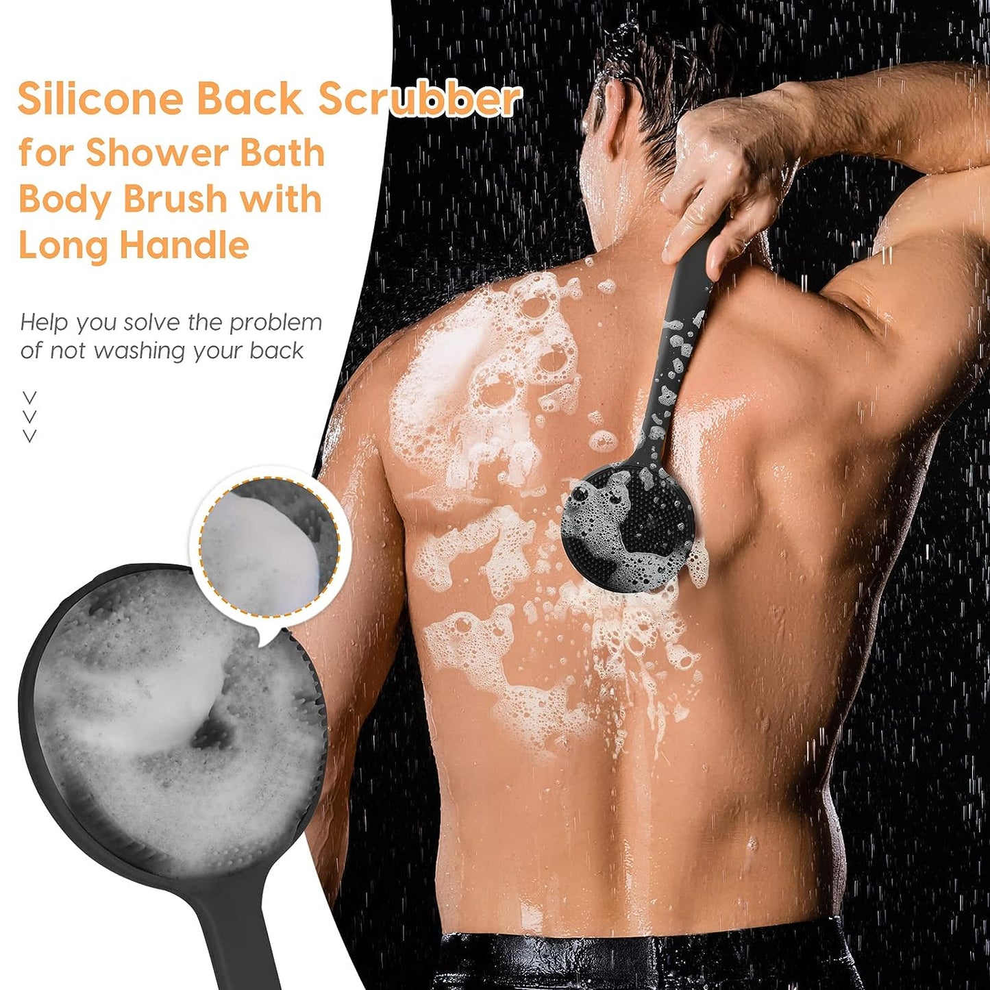 SWTROOM Silicone Back Scrubber for Shower, Bath Body Brush with Long Handle, Double Sided Shower Brush for Shower Exfoliating and Massage Can Produce Rich Foam, Long Handle for Men and Women