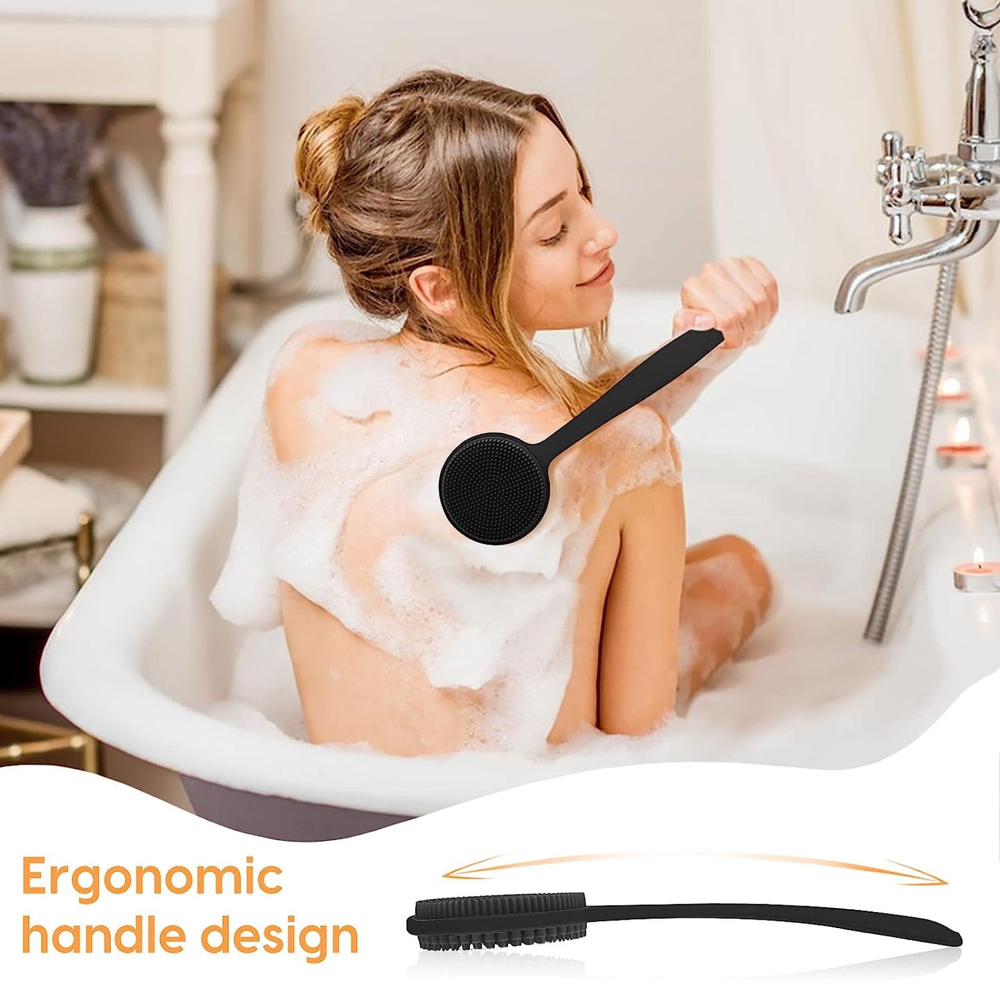 SWTROOM Silicone Back Scrubber for Shower, Bath Body Brush with Long Handle, Double Sided Shower Brush for Shower Exfoliating and Massage Can Produce Rich Foam, Long Handle for Men and Women