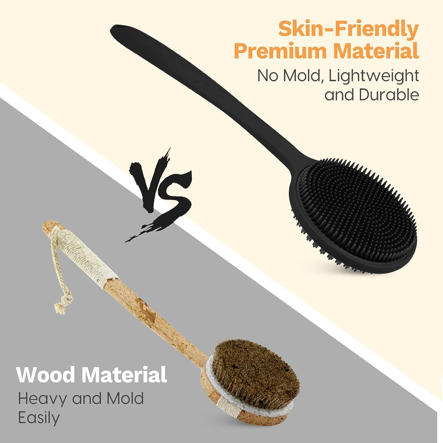 SWTROOM Silicone Back Scrubber for Shower, Bath Body Brush with Long Handle, Double Sided Shower Brush for Shower Exfoliating and Massage Can Produce Rich Foam, Long Handle for Men and Women
