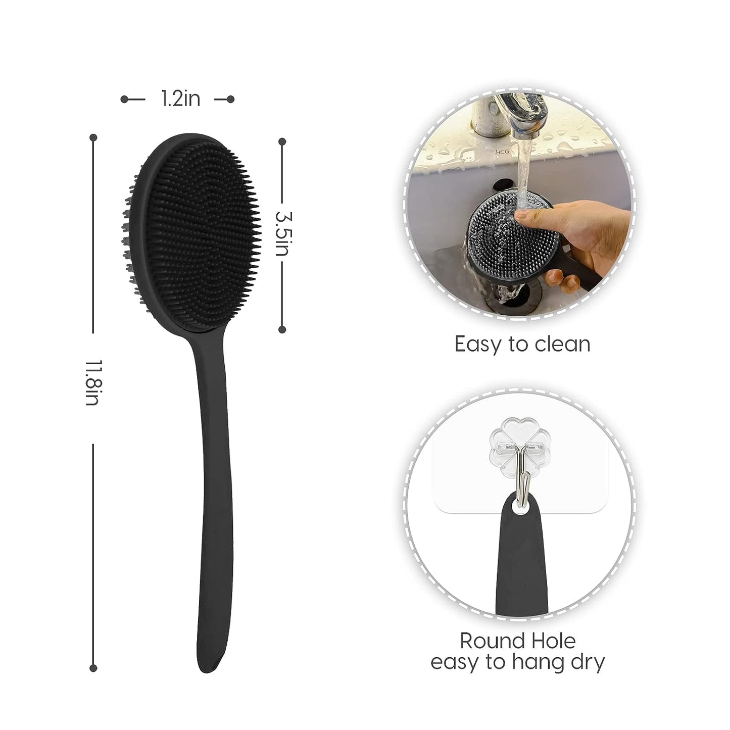 SWTROOM Silicone Back Scrubber for Shower, Bath Body Brush with Long Handle, Double Sided Shower Brush for Shower Exfoliating and Massage Can Produce Rich Foam, Long Handle for Men and Women