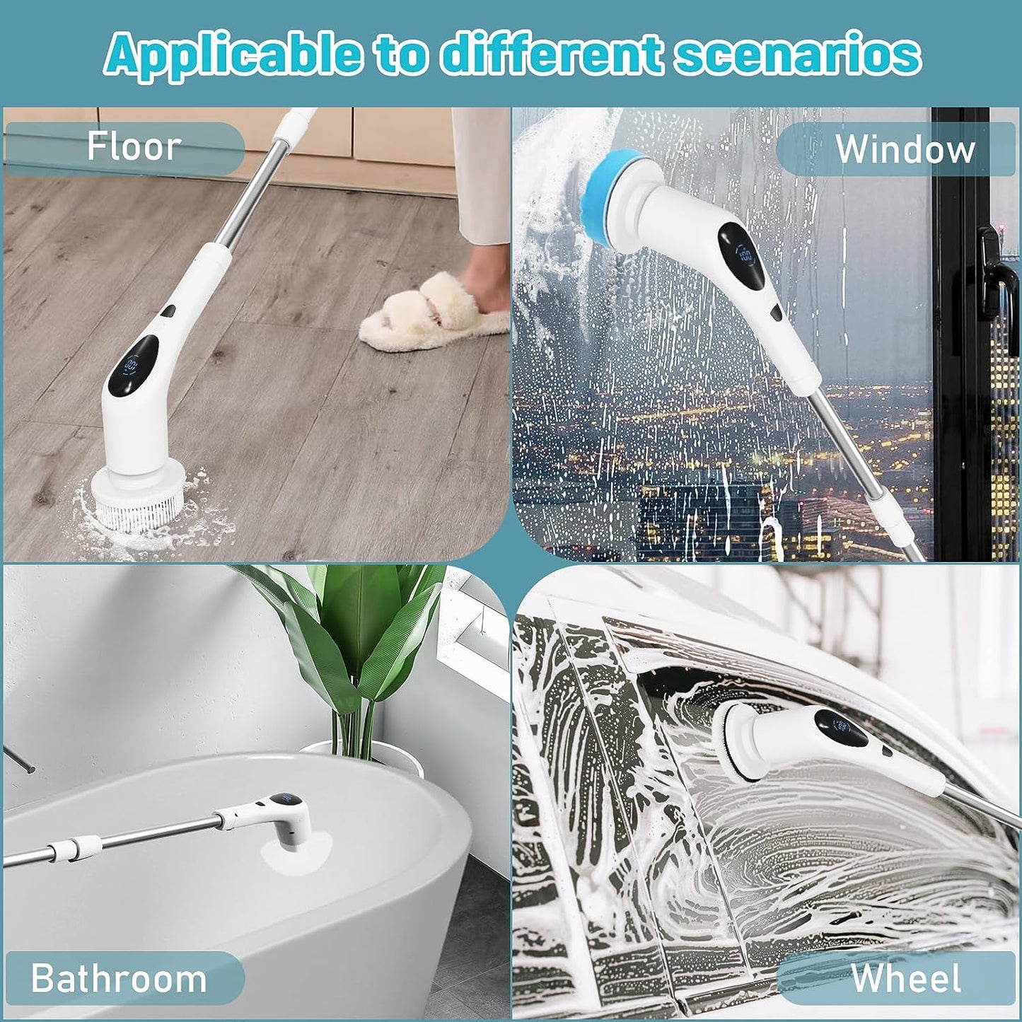 SWTROOM Electric Spin Scrubber, Digital Electric Scrubber with Voice Broadcasting Function and 9 Interchangeable Heads 3 Adjustable Speeds Bathroom Scrubber Electric for Kitchen Bathroom Tile Floor Windows