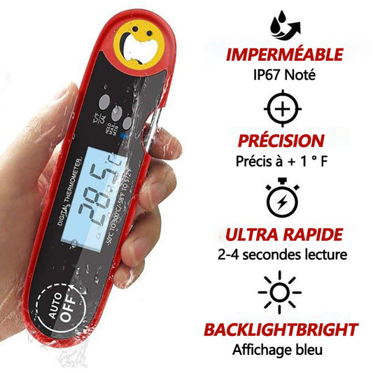 MEIDONG Thermomètre Cuisine Digital - Sonde de Temperature Pliable - Avec Écran LED RétroÉclairage - Thermomètre Cuisson pour Viande