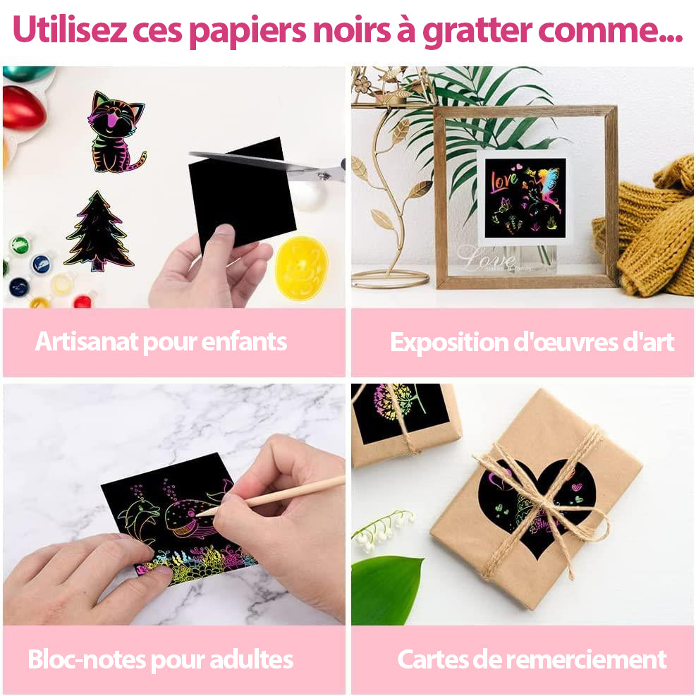 MEIDONG Enfants scratch art paper set, 107pcs rainbow magic scratch paper art craft, jeu de déclencheur d’imagination drôle