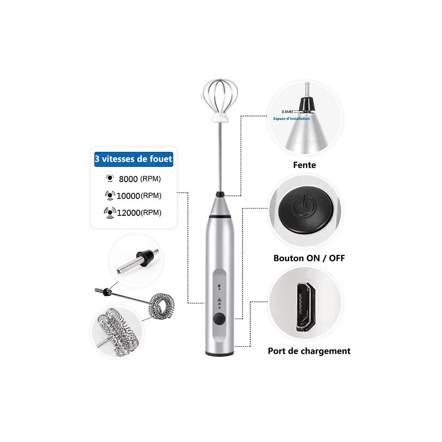 Mousseur à Lait, USB Rechargeable Portable mini fouet electrique 3 Vitesses avec Dual Fouet Tête Spirale